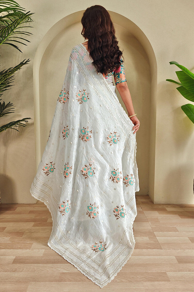 Desultory Off White Embroidery Work Organza Silk Saree With Wonderful Blouse Piece