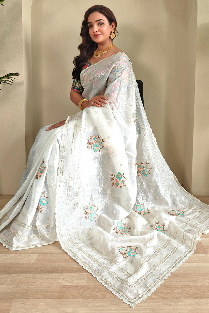 Desultory Off White Embroidery Work Organza Silk Saree With Wonderful Blouse Piece