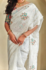 Desultory Off White Embroidery Work Organza Silk Saree With Wonderful Blouse Piece