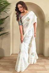 Desultory Off White Embroidery Work Organza Silk Saree With Wonderful Blouse Piece