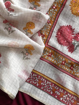 Symmetrical Off White Printed Linen Silk Saree With Luxuriant Blouse Piece