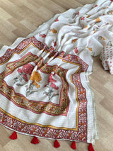 Symmetrical Off White Printed Linen Silk Saree With Luxuriant Blouse Piece