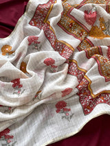 Symmetrical Off White Printed Linen Silk Saree With Luxuriant Blouse Piece