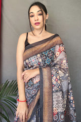 Delightful Grey Digital Printed Cotton Silk Saree With Classic Blouse Piece