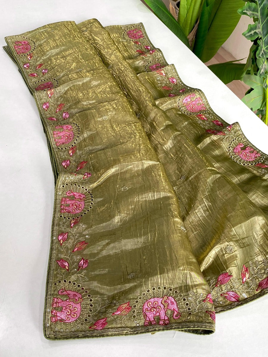 Symmetrical Green Embroidery Work Crush Silk Saree With Imaginative Blouse Piece