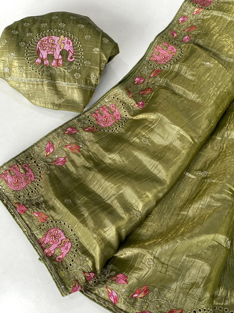 Symmetrical Green Embroidery Work Crush Silk Saree With Imaginative Blouse Piece