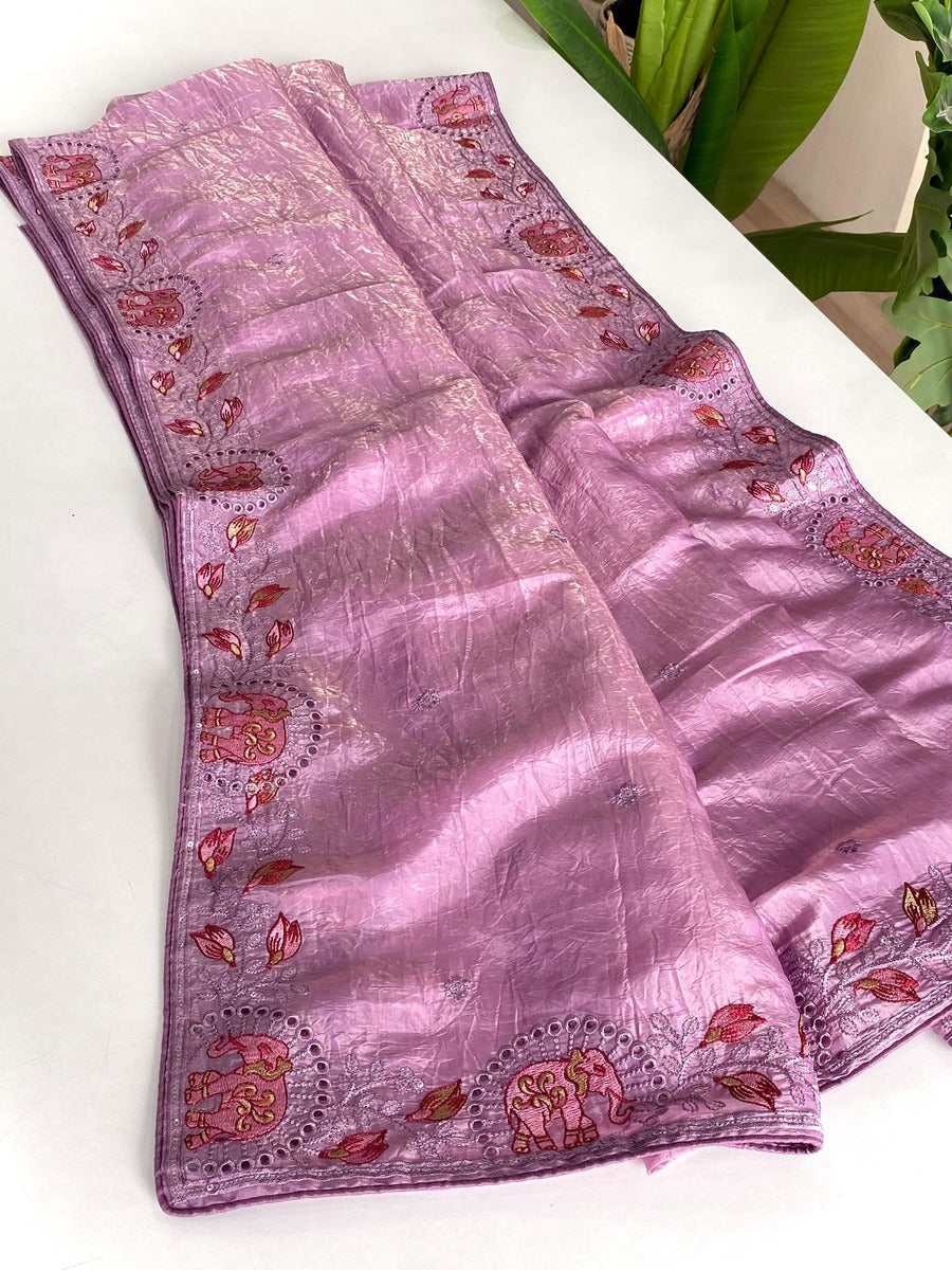 Symmetrical Lavender Embroidery Work Crush Silk Saree With Imaginative Blouse Piece