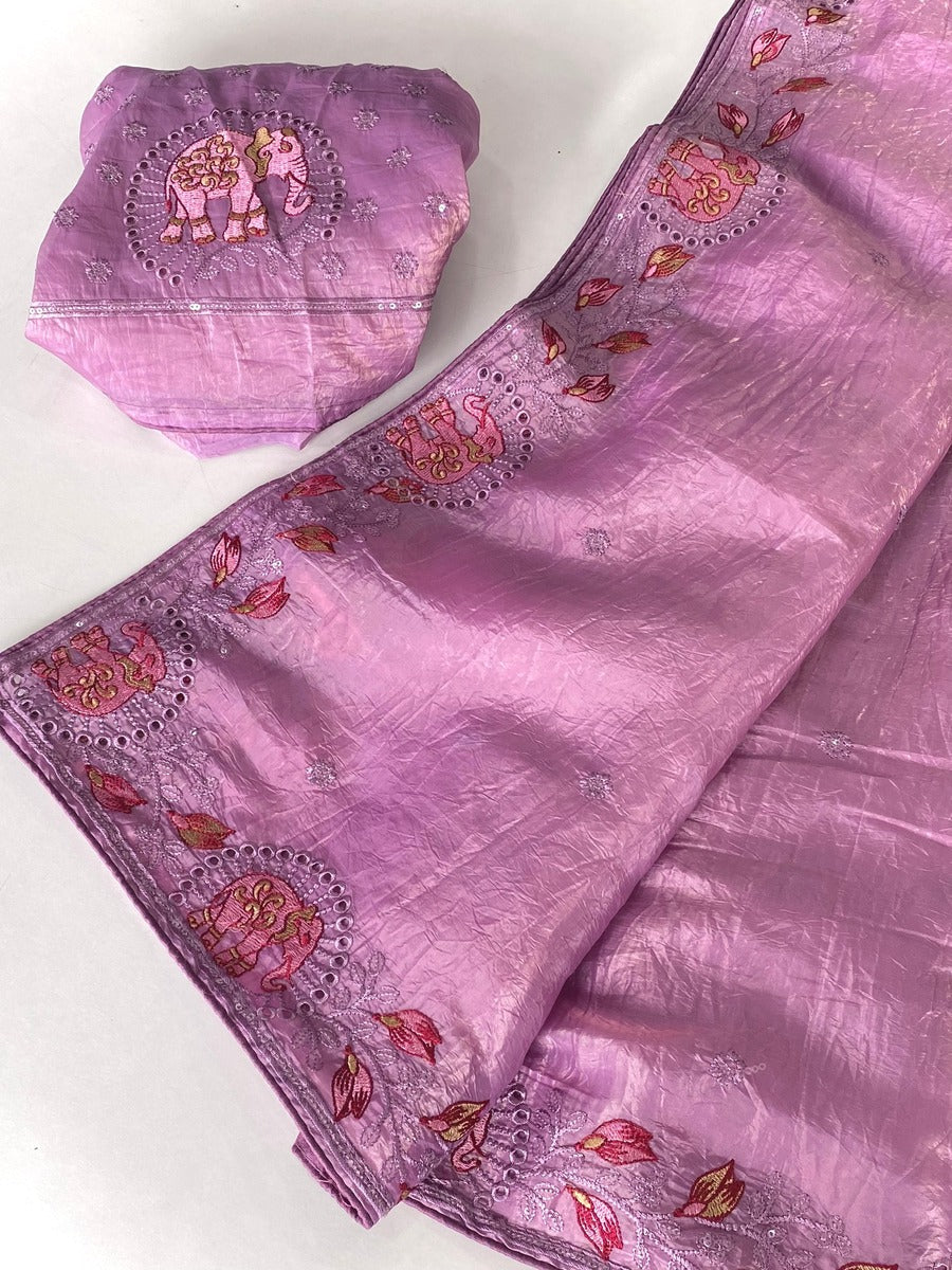 Symmetrical Lavender Embroidery Work Crush Silk Saree With Imaginative Blouse Piece