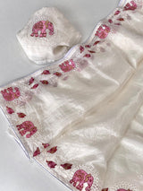 Symmetrical Off White Embroidery Work Crush Silk Saree With Imaginative Blouse Piece