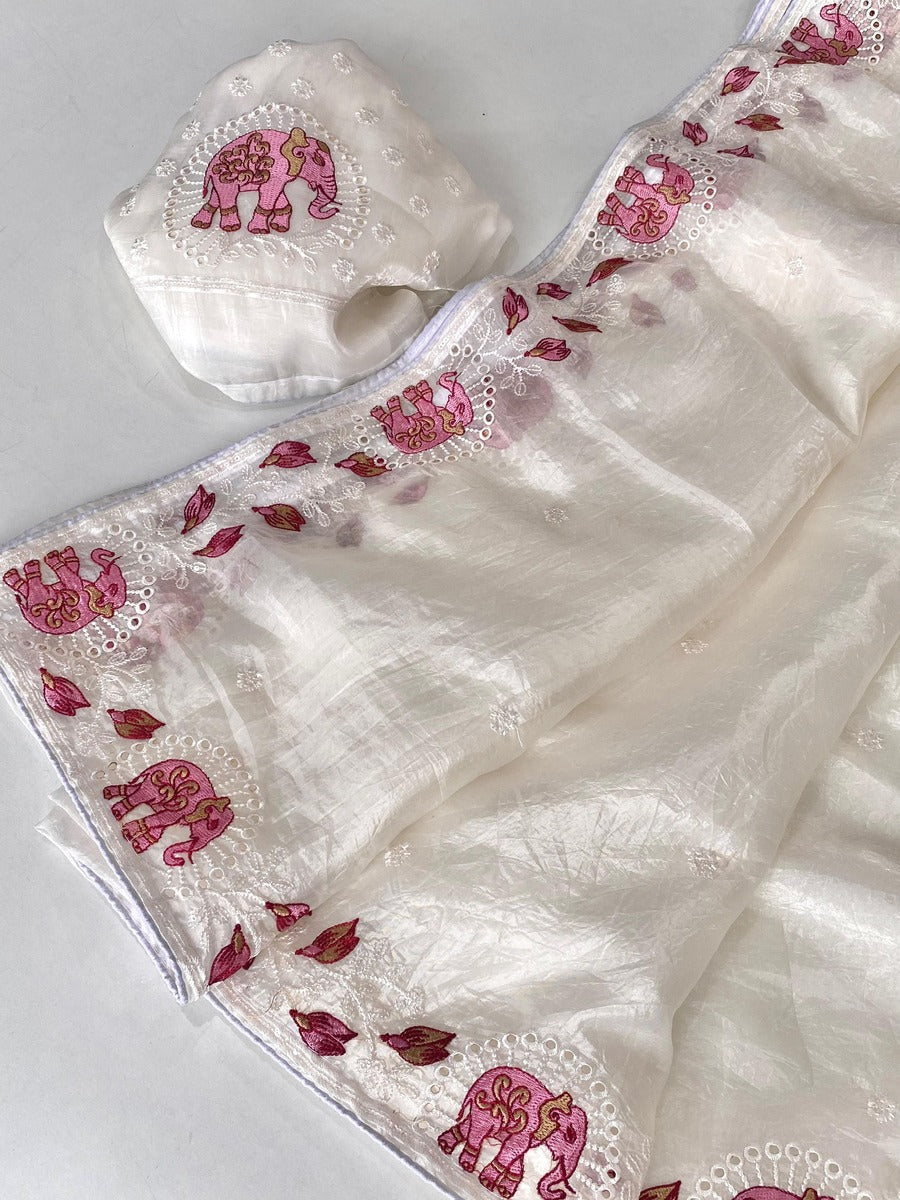 Symmetrical Off White Embroidery Work Crush Silk Saree With Imaginative Blouse Piece