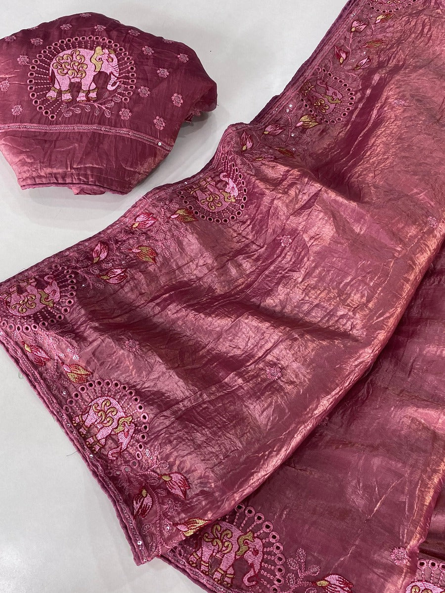 Symmetrical Pink Embroidery Work Crush Silk Saree With Imaginative Blouse Piece