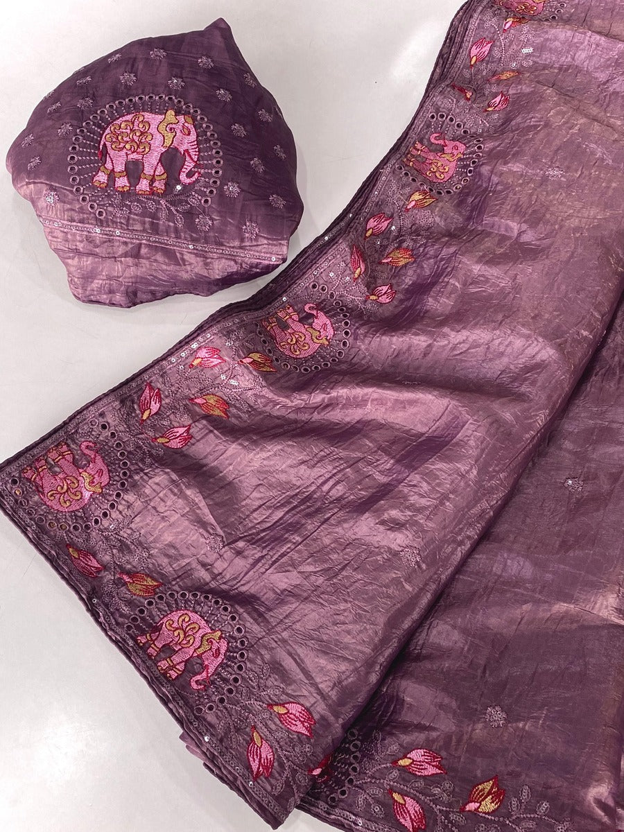 Symmetrical Purple Embroidery Work Crush Silk Saree With Imaginative Blouse Piece