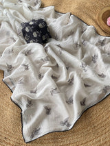 Amazing Off White Embroidery Work Crush Silk Saree With Improbable Blouse Piece