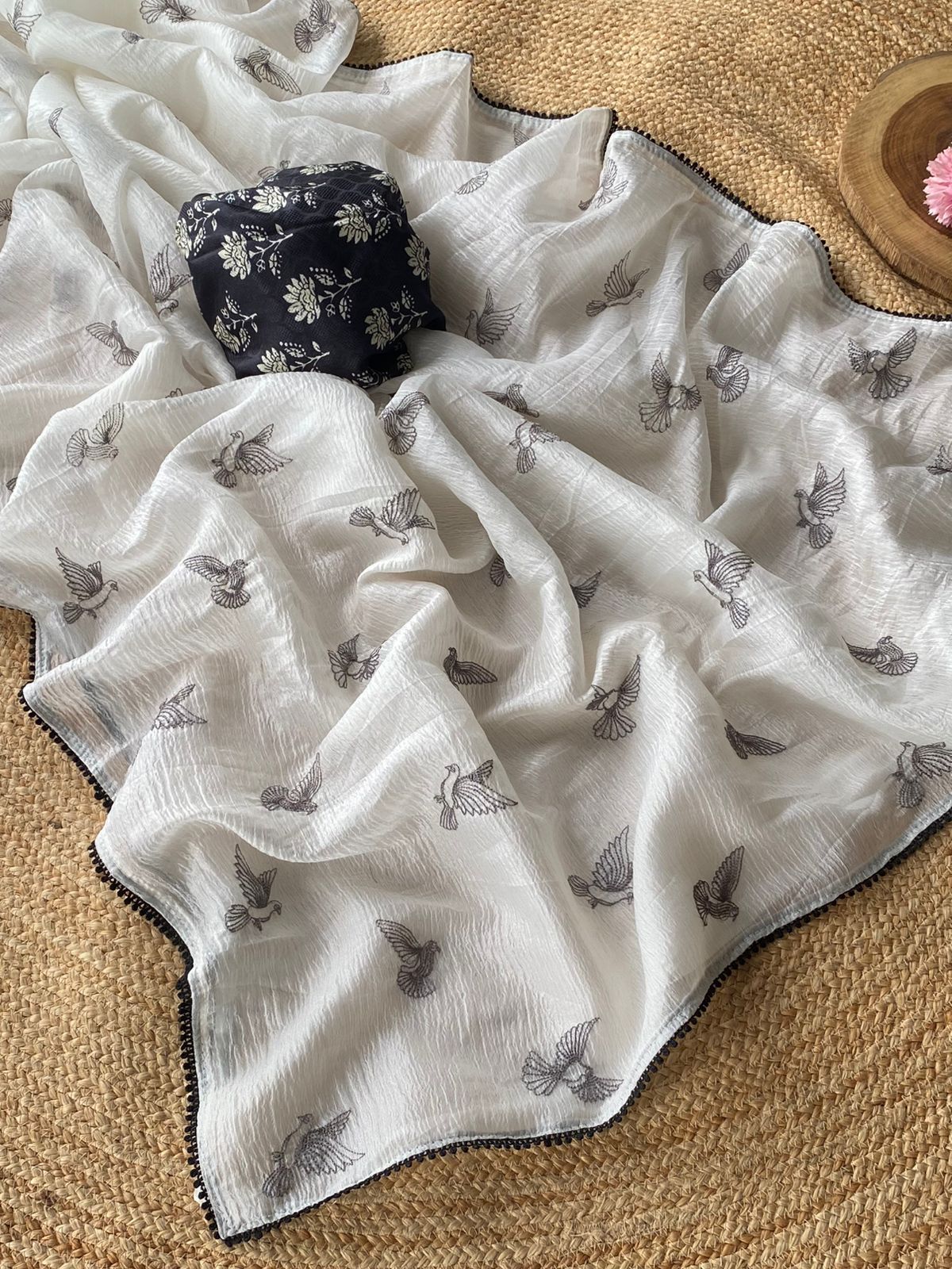 Amazing Off White Embroidery Work Crush Silk Saree With Improbable Blouse Piece