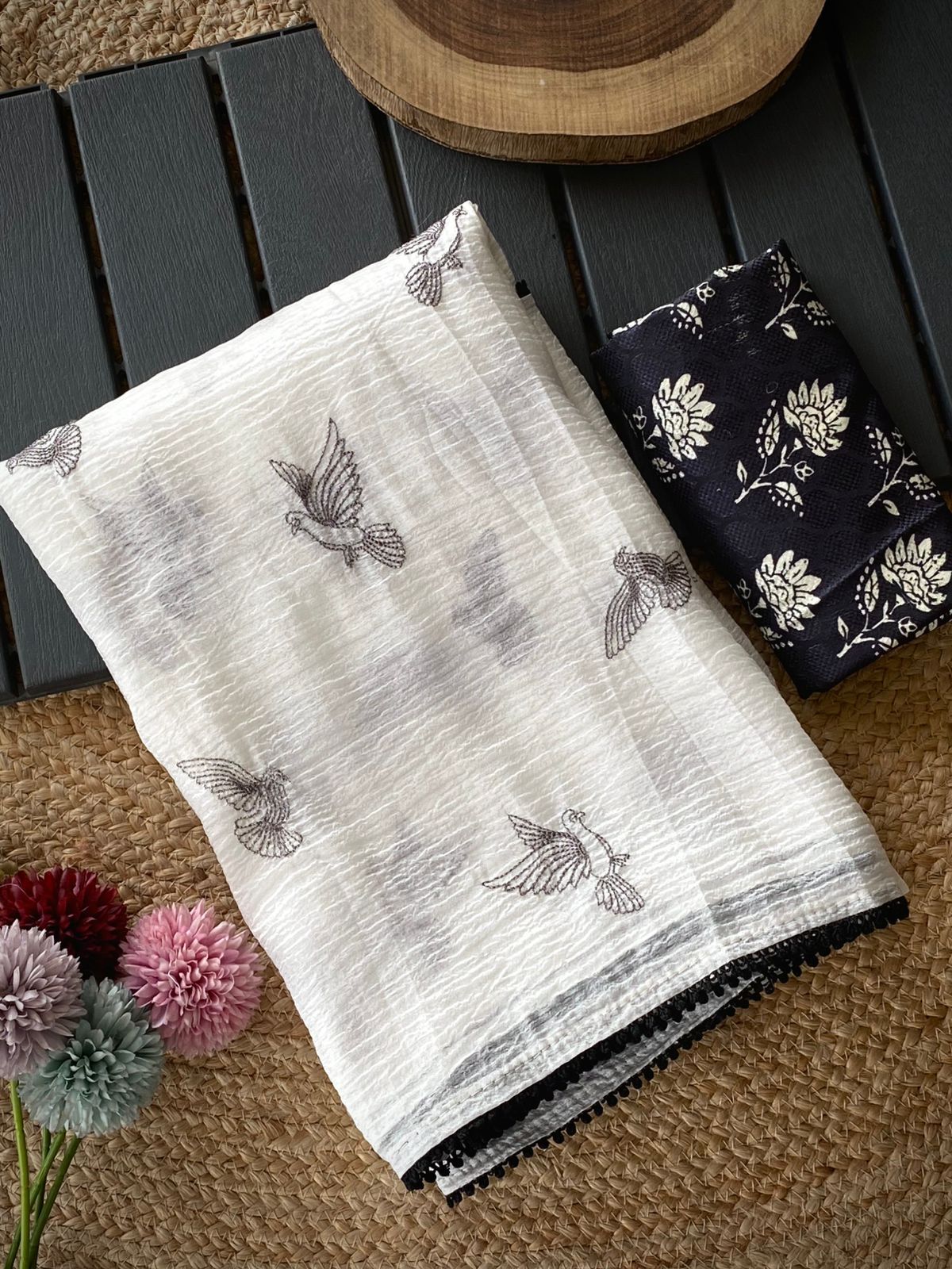 Amazing Off White Embroidery Work Crush Silk Saree With Improbable Blouse Piece