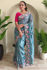 Dalliance Blue Embroidery Work Crush Silk Saree With Classic Blouse Piece