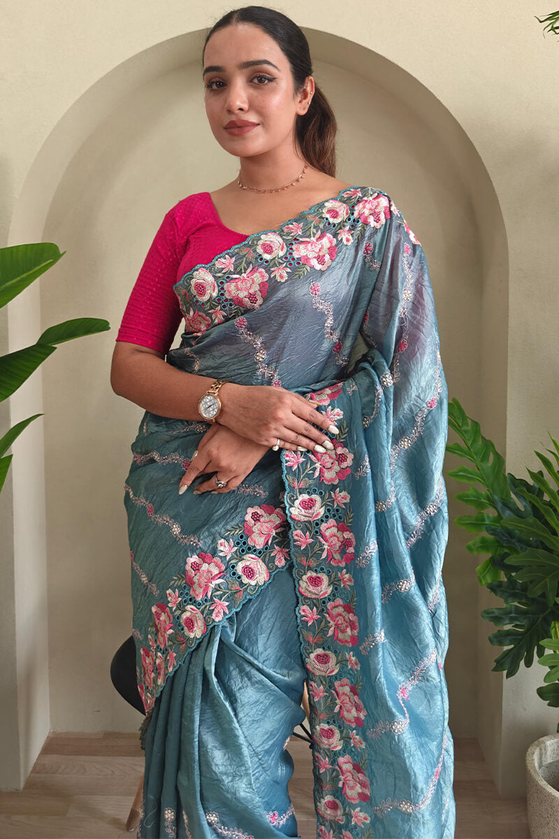Dalliance Blue Embroidery Work Crush Silk Saree With Classic Blouse Piece