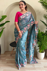 Dalliance Blue Embroidery Work Crush Silk Saree With Classic Blouse Piece