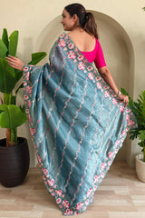 Dalliance Blue Embroidery Work Crush Silk Saree With Classic Blouse Piece