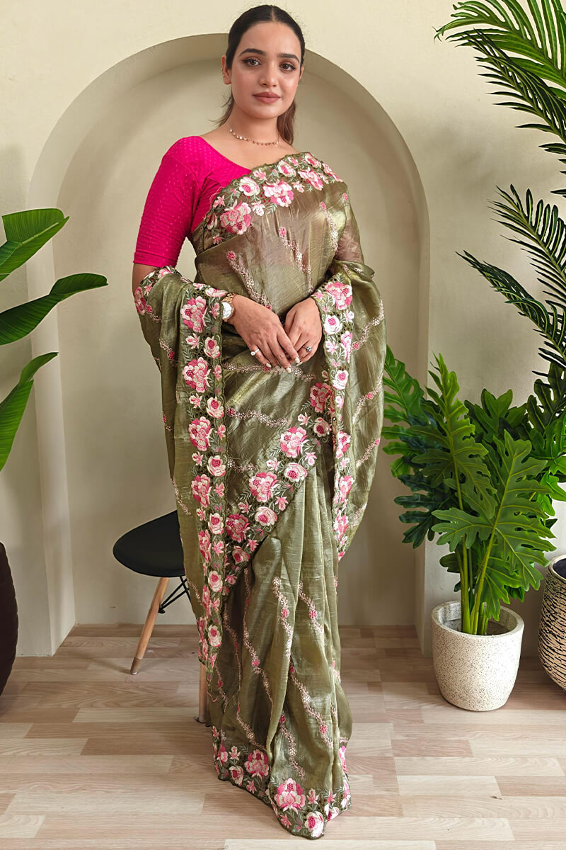 Demesne Green Embroidery Work Crush Silk Saree With Ephemeral Blouse Piece