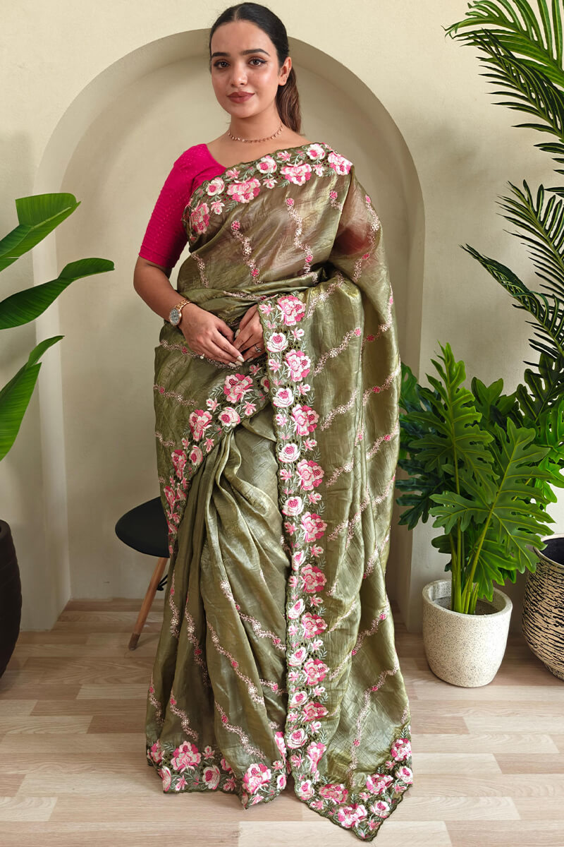 Demesne Green Embroidery Work Crush Silk Saree With Ephemeral Blouse Piece