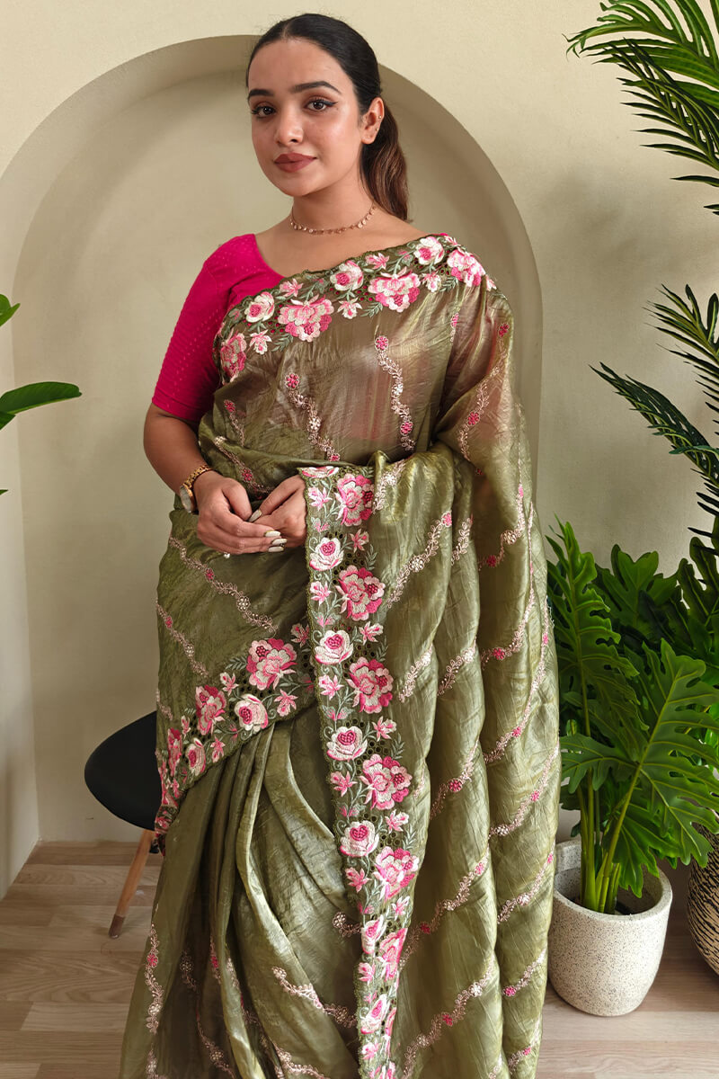 Demesne Green Embroidery Work Crush Silk Saree With Ephemeral Blouse Piece
