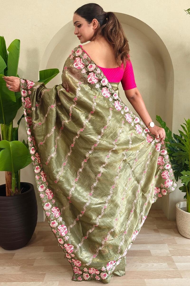 Demesne Green Embroidery Work Crush Silk Saree With Ephemeral Blouse Piece