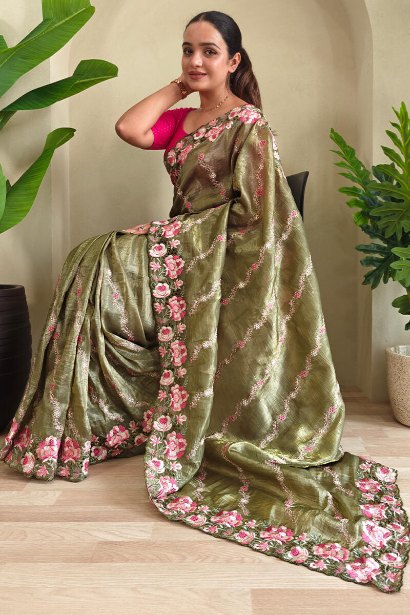 Demesne Green Embroidery Work Crush Silk Saree With Ephemeral Blouse Piece