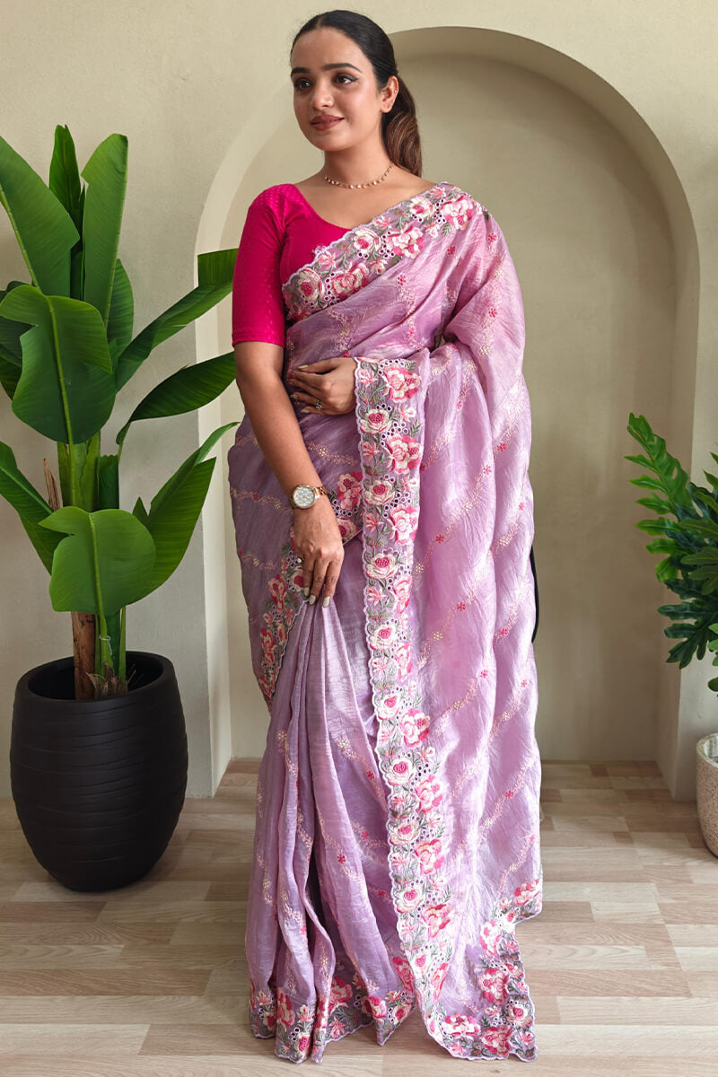 Murmurous Lavender Embroidery Work Crush Silk Saree With Ratatouille Blouse Piece