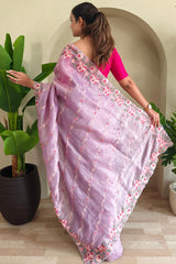 Murmurous Lavender Embroidery Work Crush Silk Saree With Ratatouille Blouse Piece