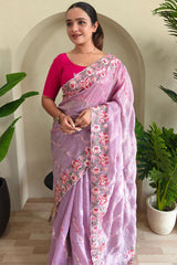 Murmurous Lavender Embroidery Work Crush Silk Saree With Ratatouille Blouse Piece