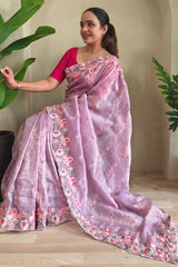 Murmurous Lavender Embroidery Work Crush Silk Saree With Ratatouille Blouse Piece