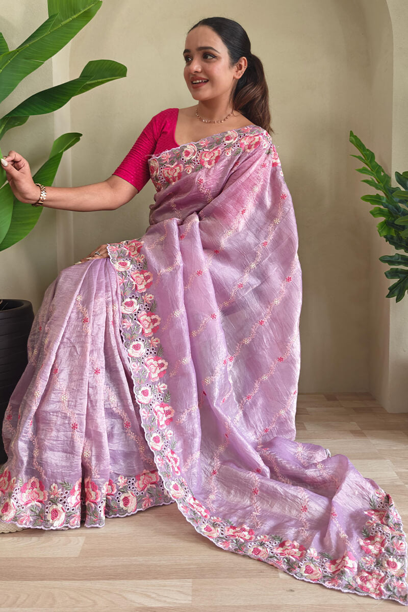 Murmurous Lavender Embroidery Work Crush Silk Saree With Ratatouille Blouse Piece