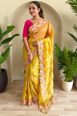 Smashing Mustard Embroidery Work Crush Silk Saree With Snappy Blouse Piece