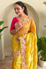 Smashing Mustard Embroidery Work Crush Silk Saree With Snappy Blouse Piece