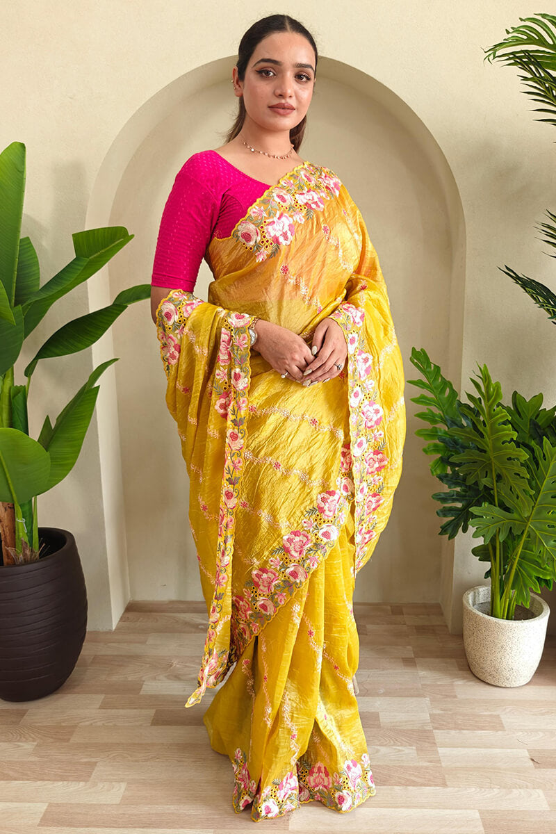 Smashing Mustard Embroidery Work Crush Silk Saree With Snappy Blouse Piece