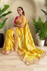 Smashing Mustard Embroidery Work Crush Silk Saree With Snappy Blouse Piece