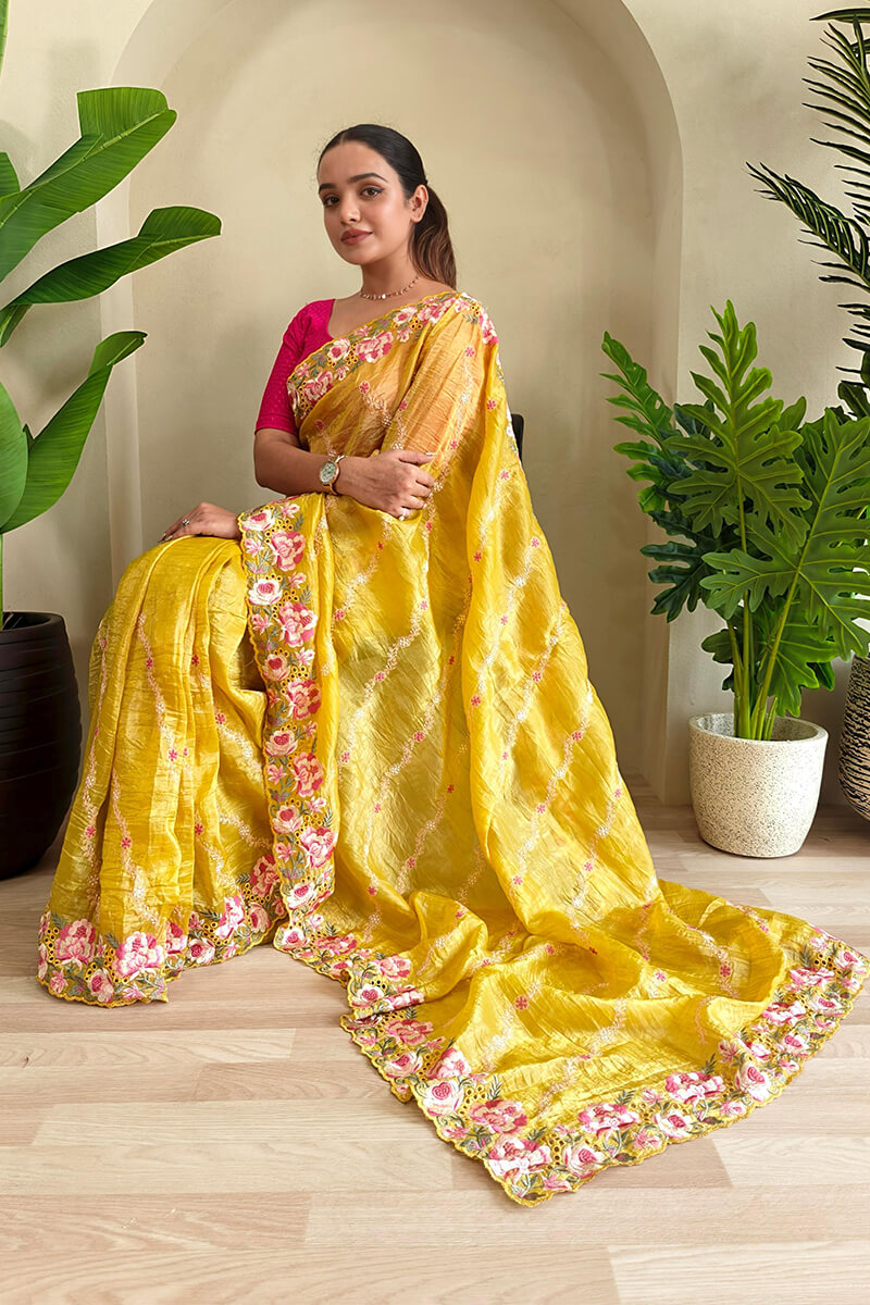 Smashing Mustard Embroidery Work Crush Silk Saree With Snappy Blouse Piece
