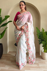 Charismatic Off White Embroidery Work Crush Silk Saree With Posh Blouse Piece