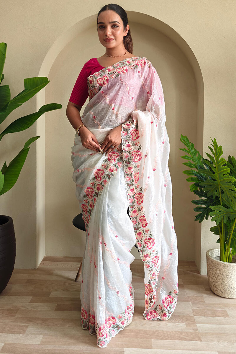 Charismatic Off White Embroidery Work Crush Silk Saree With Posh Blouse Piece