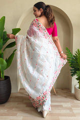 Charismatic Off White Embroidery Work Crush Silk Saree With Posh Blouse Piece