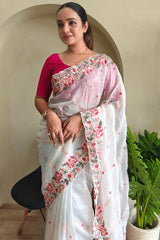 Charismatic Off White Embroidery Work Crush Silk Saree With Posh Blouse Piece
