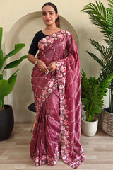 Verdant Pink Embroidery Work Crush Silk Saree With Ethereal Blouse Piece
