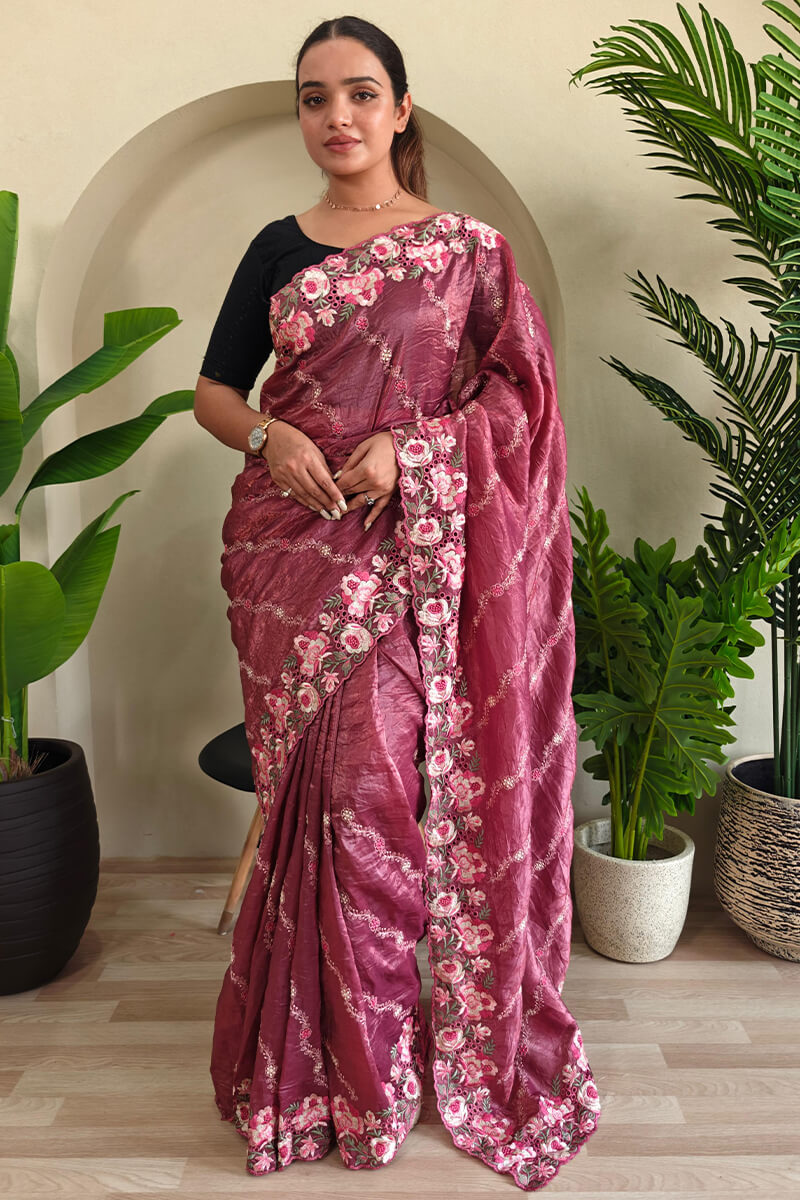 Verdant Pink Embroidery Work Crush Silk Saree With Ethereal Blouse Piece