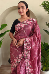 Verdant Pink Embroidery Work Crush Silk Saree With Ethereal Blouse Piece
