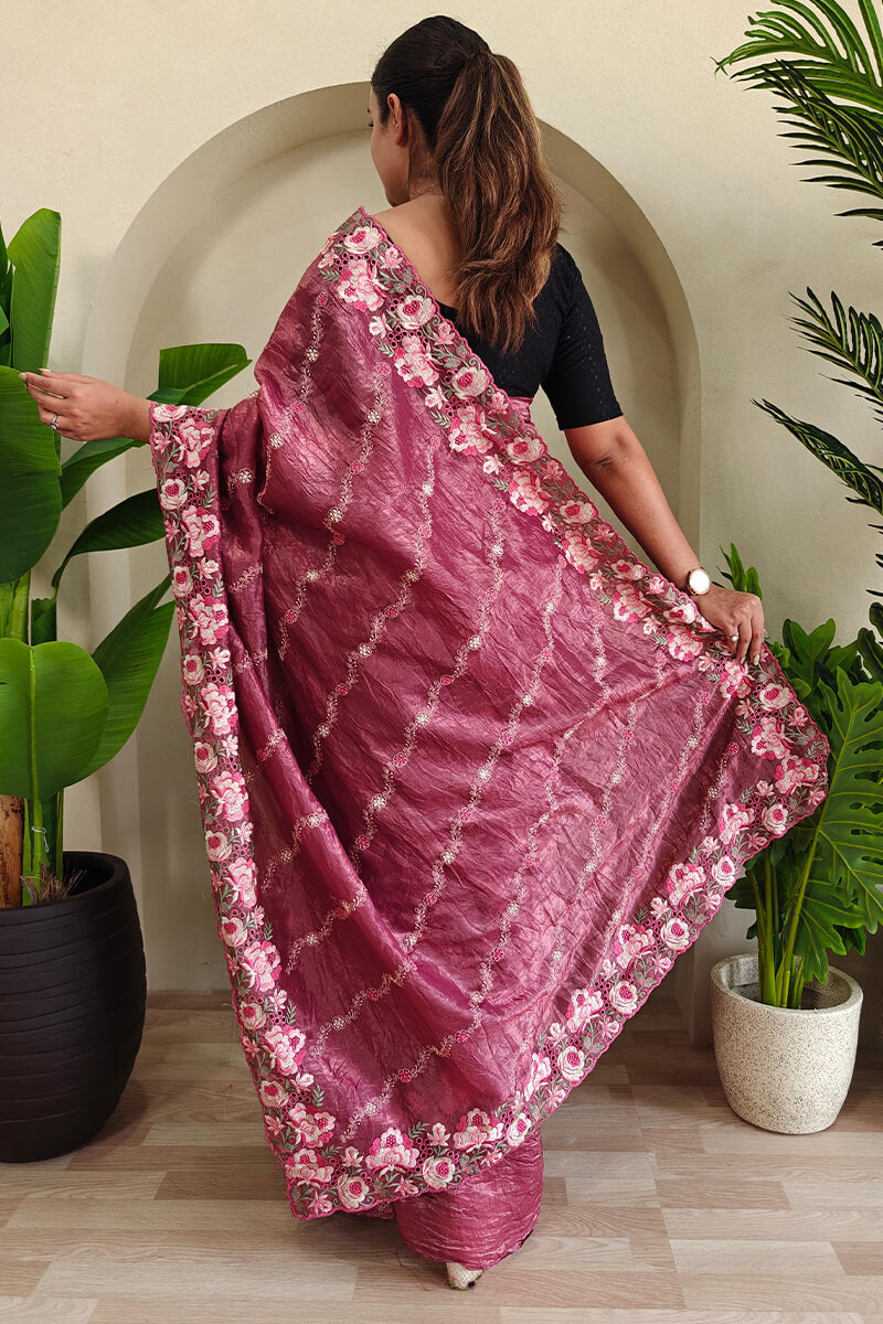 Verdant Pink Embroidery Work Crush Silk Saree With Ethereal Blouse Piece