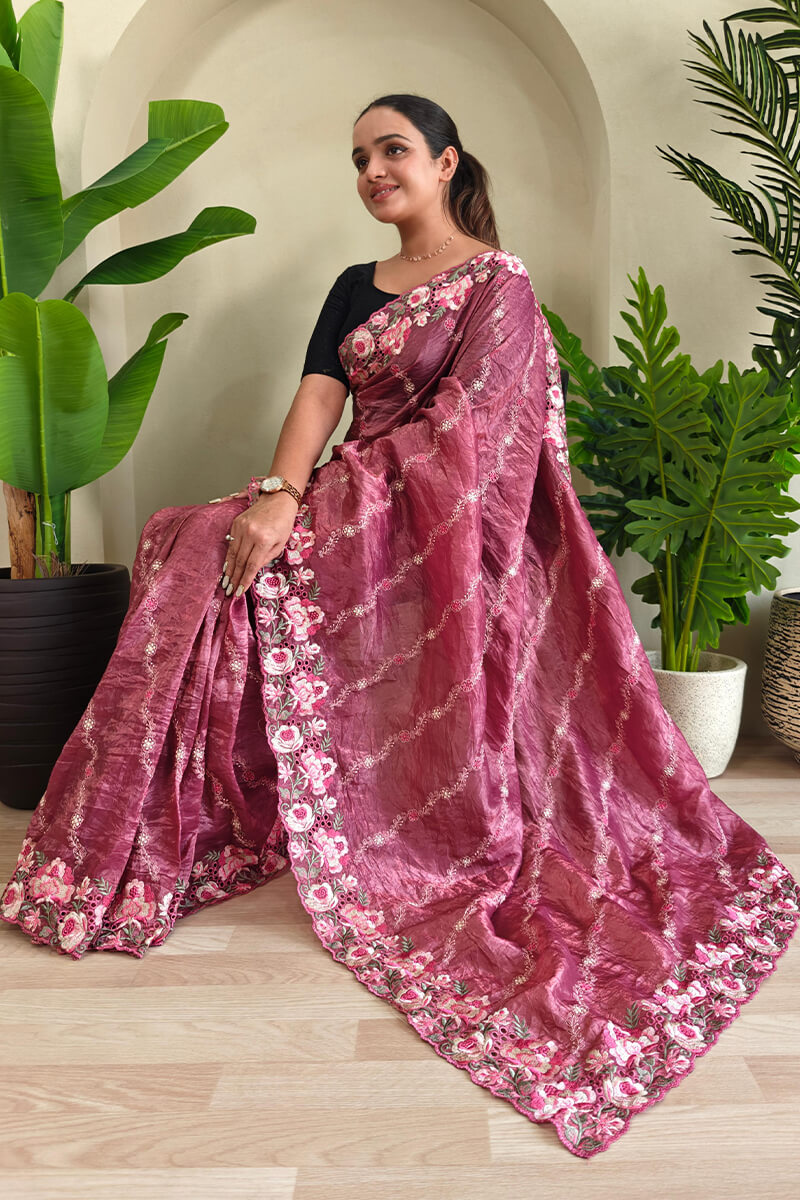 Verdant Pink Embroidery Work Crush Silk Saree With Ethereal Blouse Piece