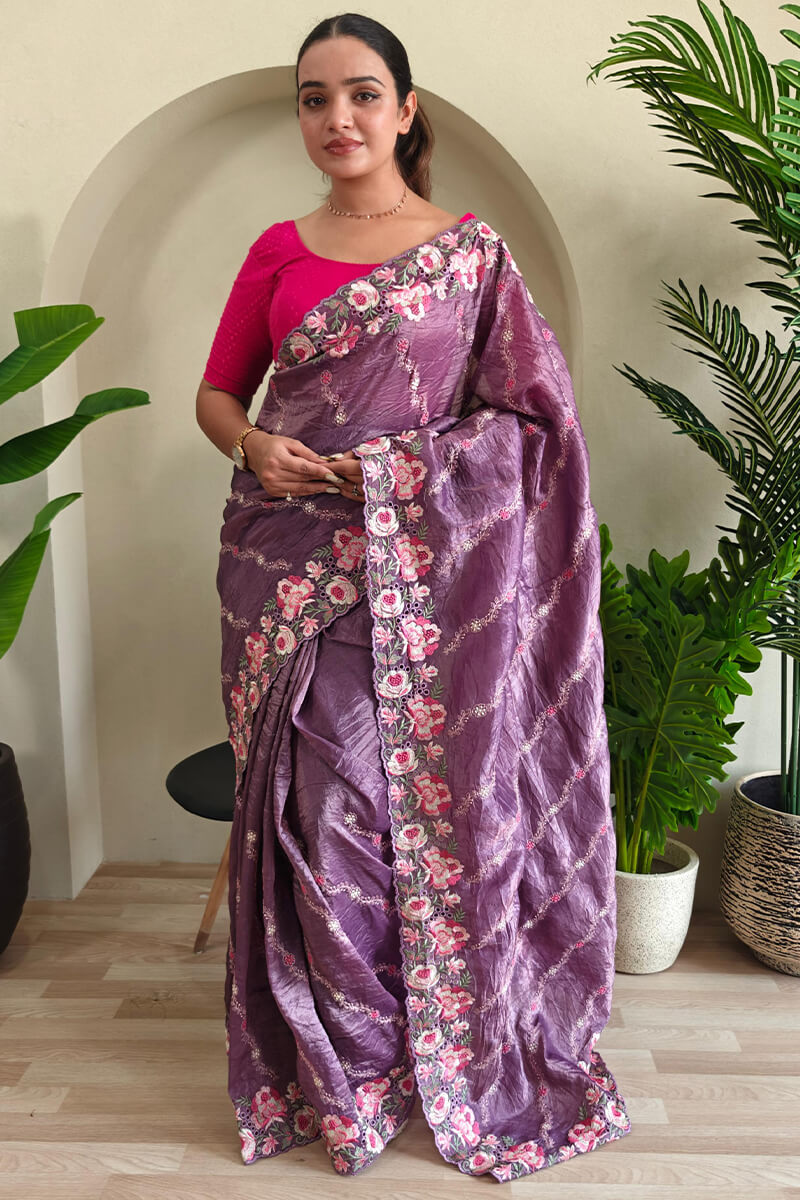 Quixotic Purple Embroidery Work Crush Silk Saree With Majestic Blouse Piece