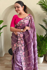 Quixotic Purple Embroidery Work Crush Silk Saree With Majestic Blouse Piece
