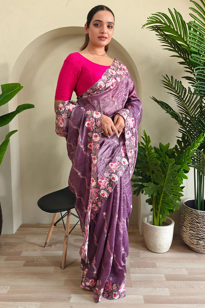 Quixotic Purple Embroidery Work Crush Silk Saree With Majestic Blouse Piece